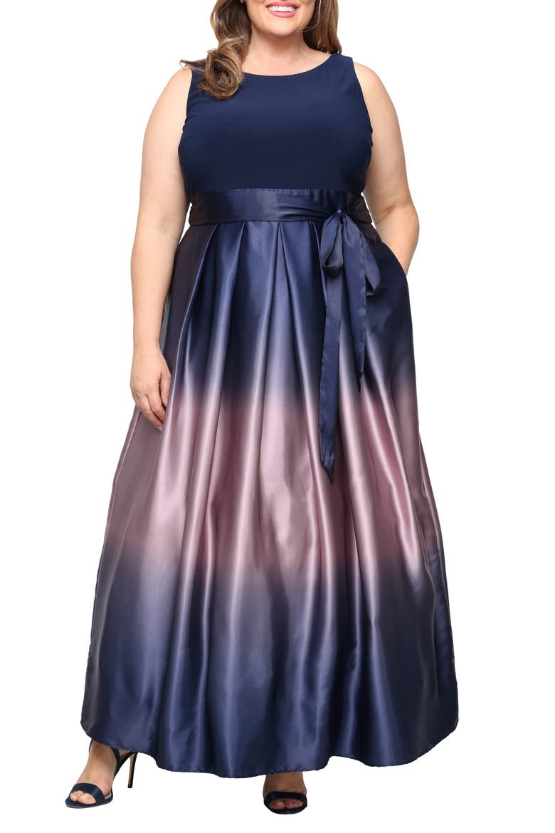 Ombrè Satin Gown, Main, color, NAVY/MAUVE