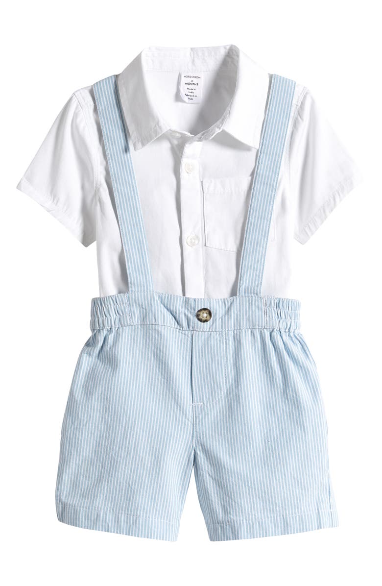 Nordstrom Short Sleeve Cotton Button-Up Bodysuit & Stripe Shortalls Set, Main, color,