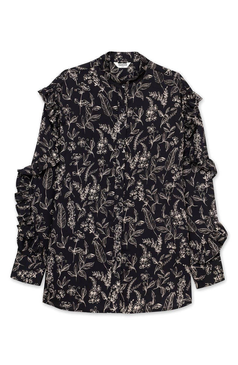Thakoon Floral Print Ruffle Sleeve Button-Up Shirt, Main, color, 