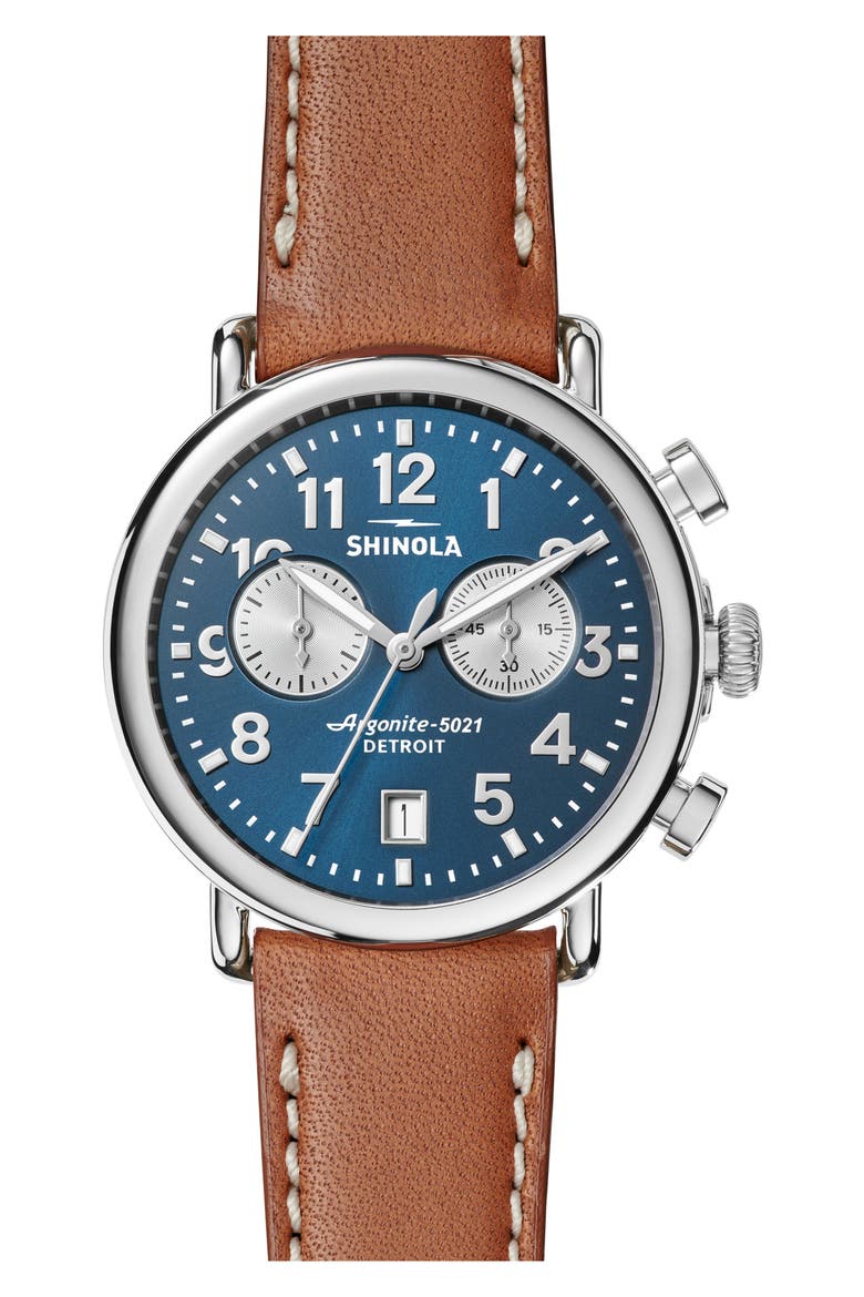 The Runwell Chronograph Leather Strap Watch, 41mm, Main, color, TAN/ MIDNIGHT BLUE/ SILVER