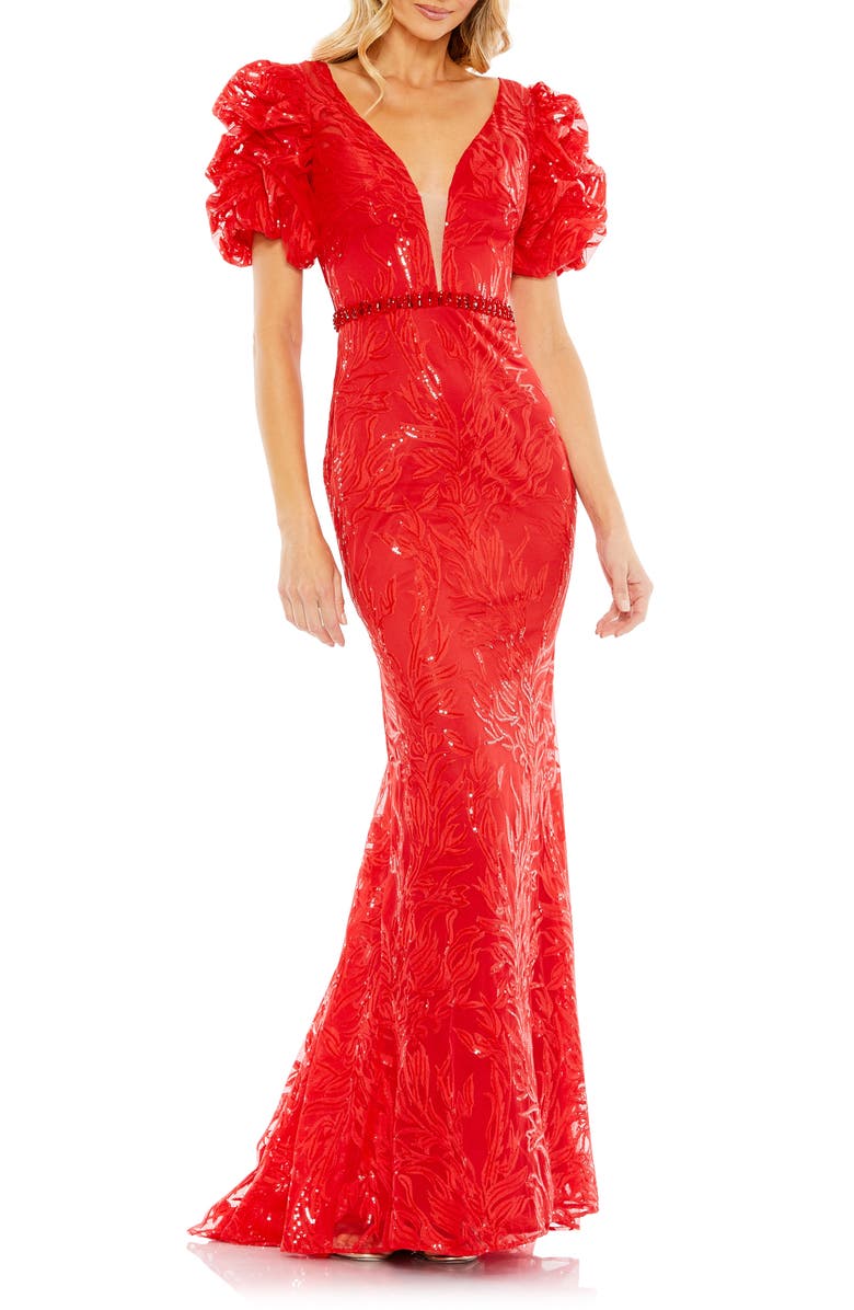 Mac Duggal Lace & Sequin Embroidered Puff Sleeve A-Line Gown, Main, color,