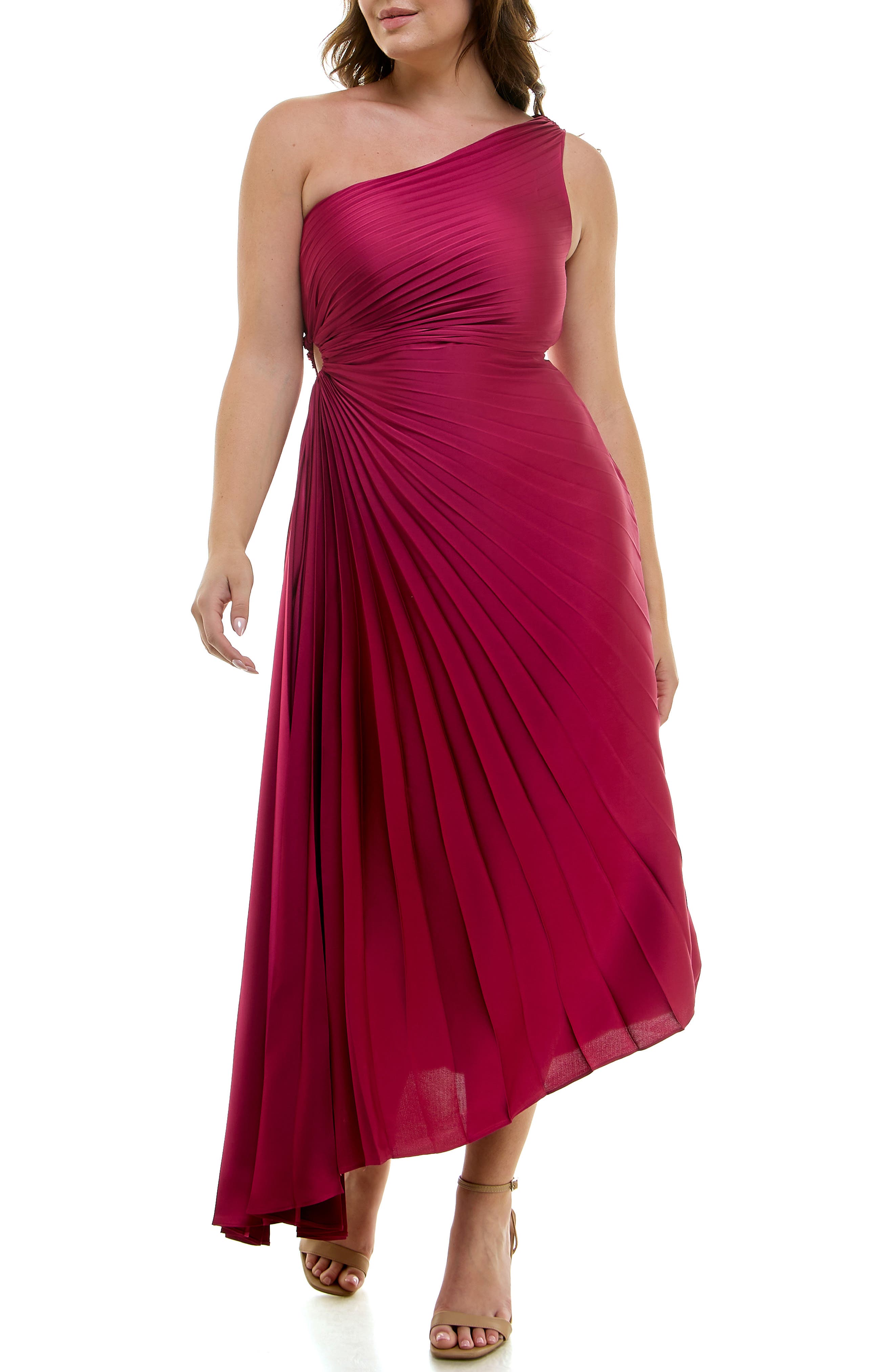 Nicole Miller One Shoulder Pleat Midi Dress