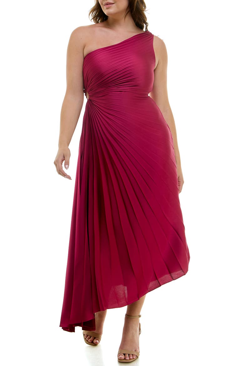 One Shoulder Pleat Midi Dress, Main, color, SANGRIA