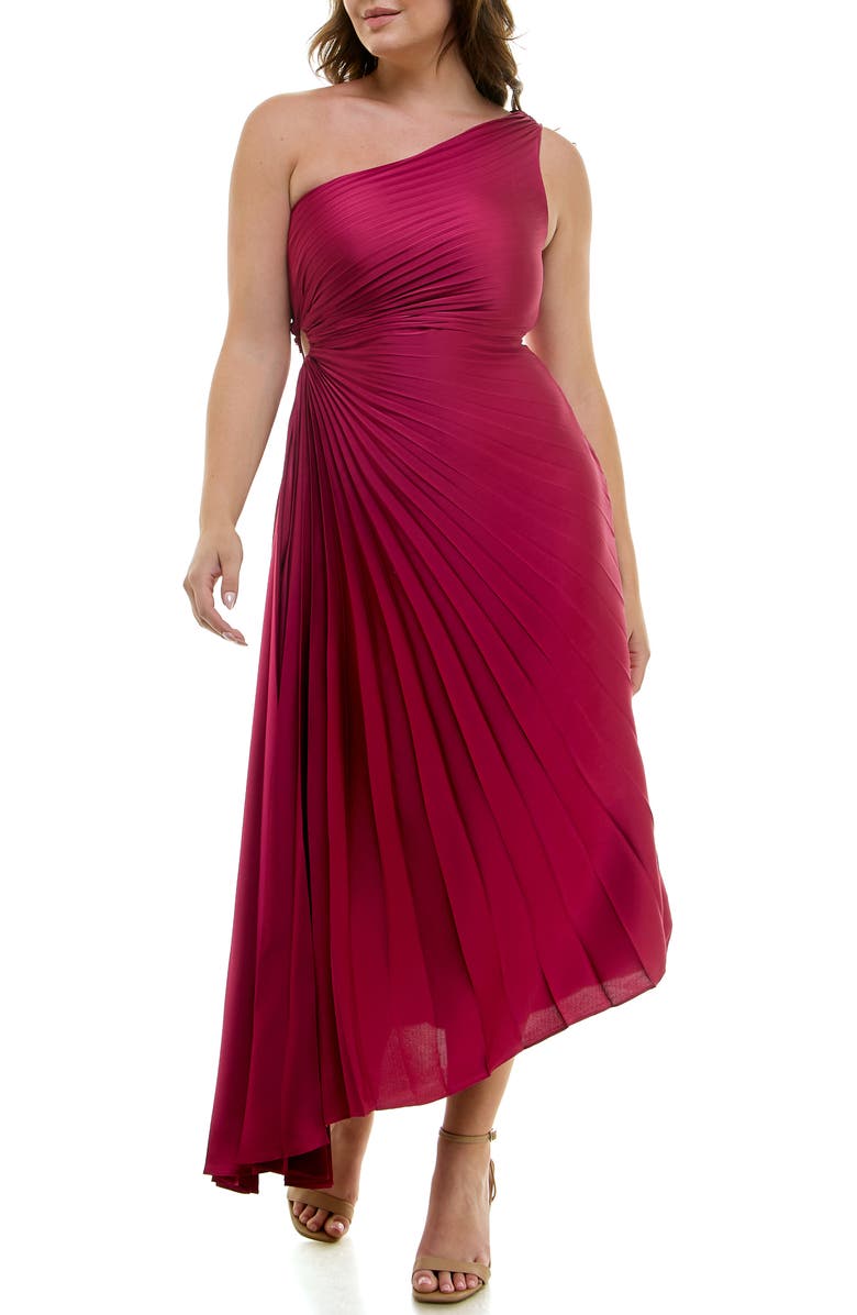Nicole Miller One Shoulder Pleat Midi Dress, Main, color, Sangria