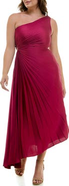 Nicole Miller One Shoulder Pleat Midi Dress