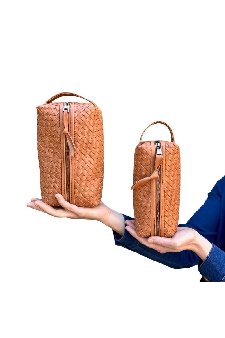 Woven Leather Makeup Bag, Main, color, Saddle - Small