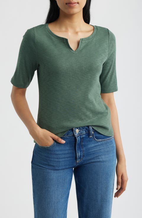 Elbow Sleeve Notch Neck T-Shirt