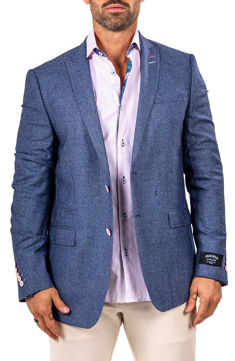 Maceoo Descartes Marthyr0010 Blue Microcheck Virgin Wool Peak Lapel Blazer, Main, color, Blue