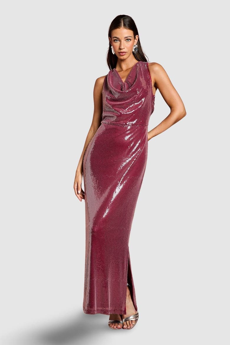 Cowl Front Halter Sequin Maxi Dress, Main, color, Plum