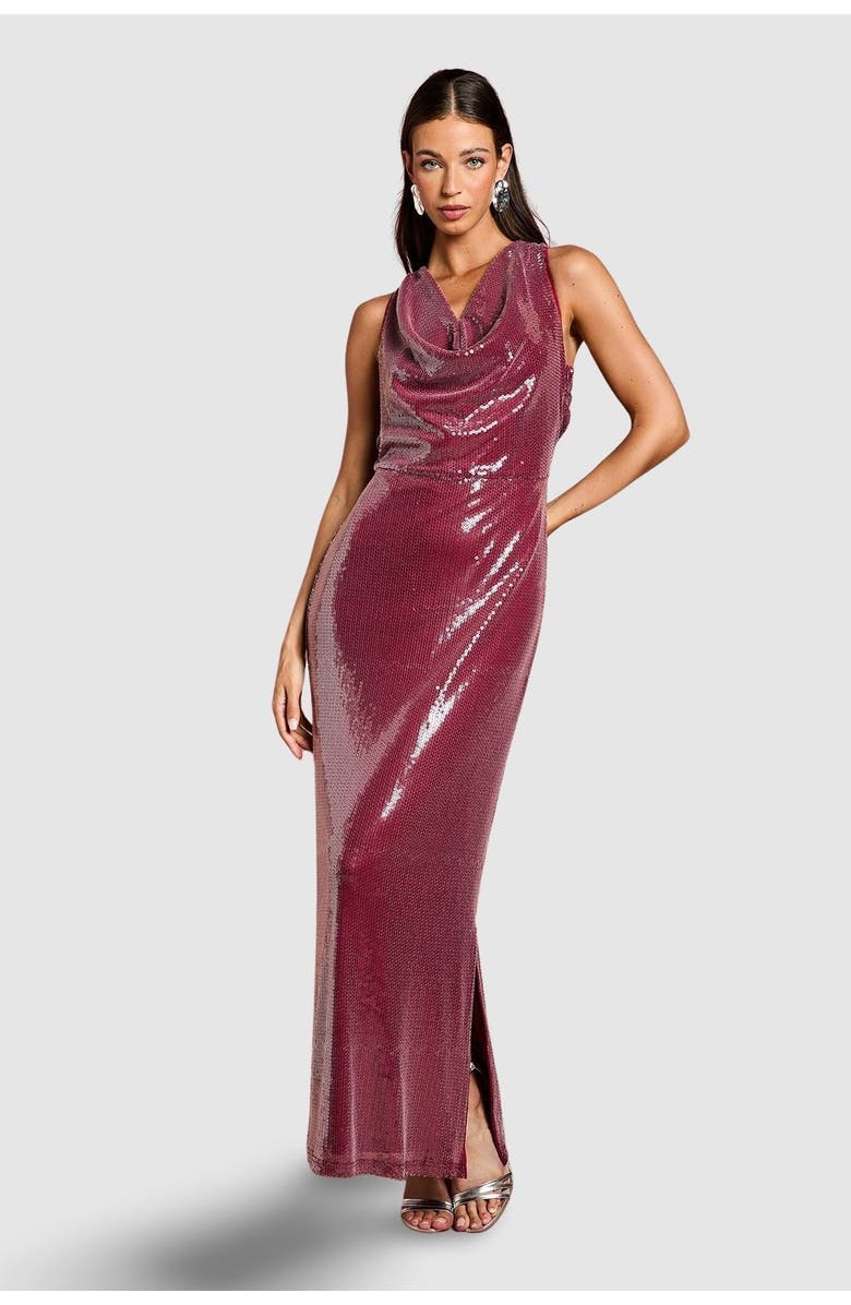 Coast Cowl Front Halter Sequin Maxi Dress, Main, color, Plum