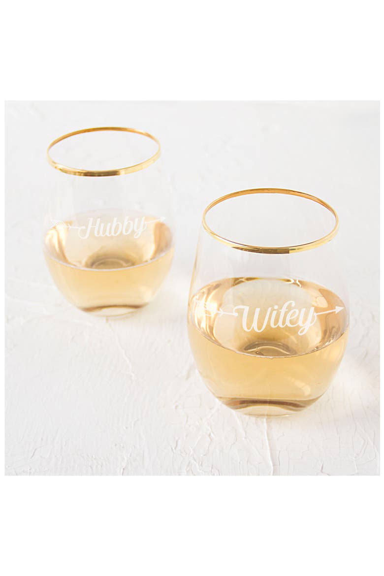 Hubby/Wifey Set of 2 Gold Rimmed Stemless Wine Glasses, Alternate, color, GOLD