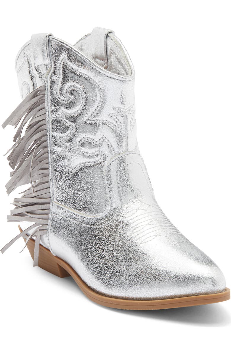 Harper Canyon Kids' Carolynne Fringe Western Boot, Main, color, Silver Crinkle