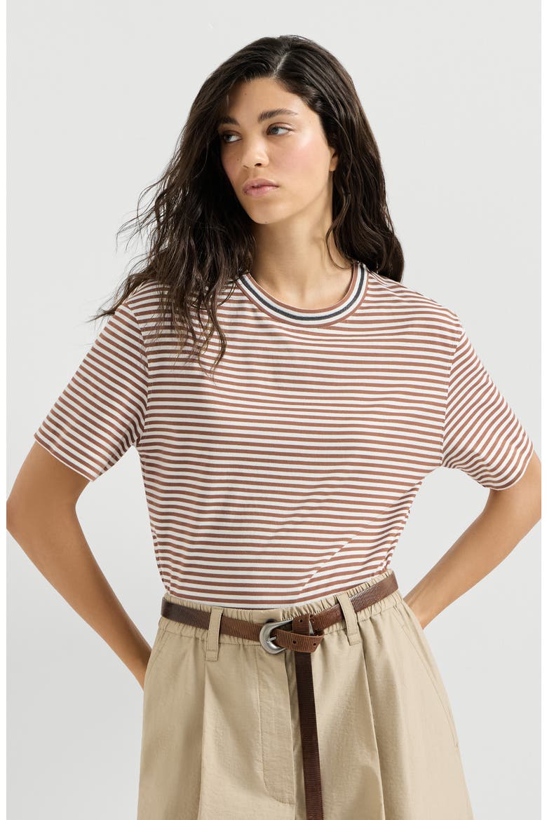 Striped cotton jersey t-shirt with precious neckline, Main, color, Light Brown