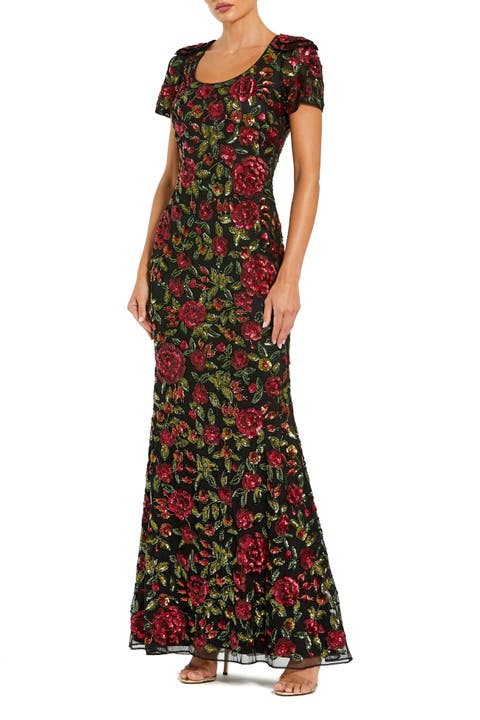 Floral Sequin Scoop Neck Trumpet Gown