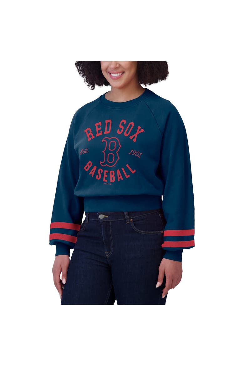Women's WEAR by Erin Andrews  Navy Boston Red Sox Vintage Washed Cropped Pullover Sweatshirt, Alternate, color, Navy
