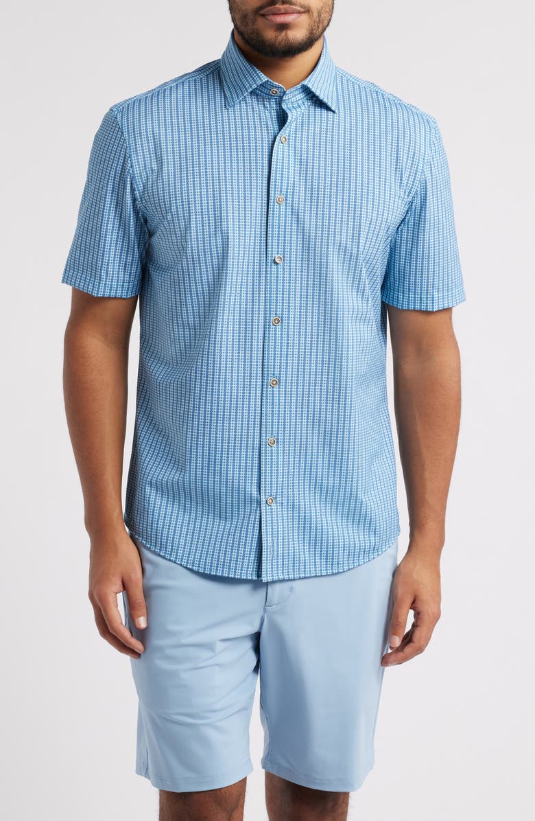 johnnie-O Josiah Geo Stripe Short Sleeve Knit Button-Up Shirt, Main, color, Maliblu