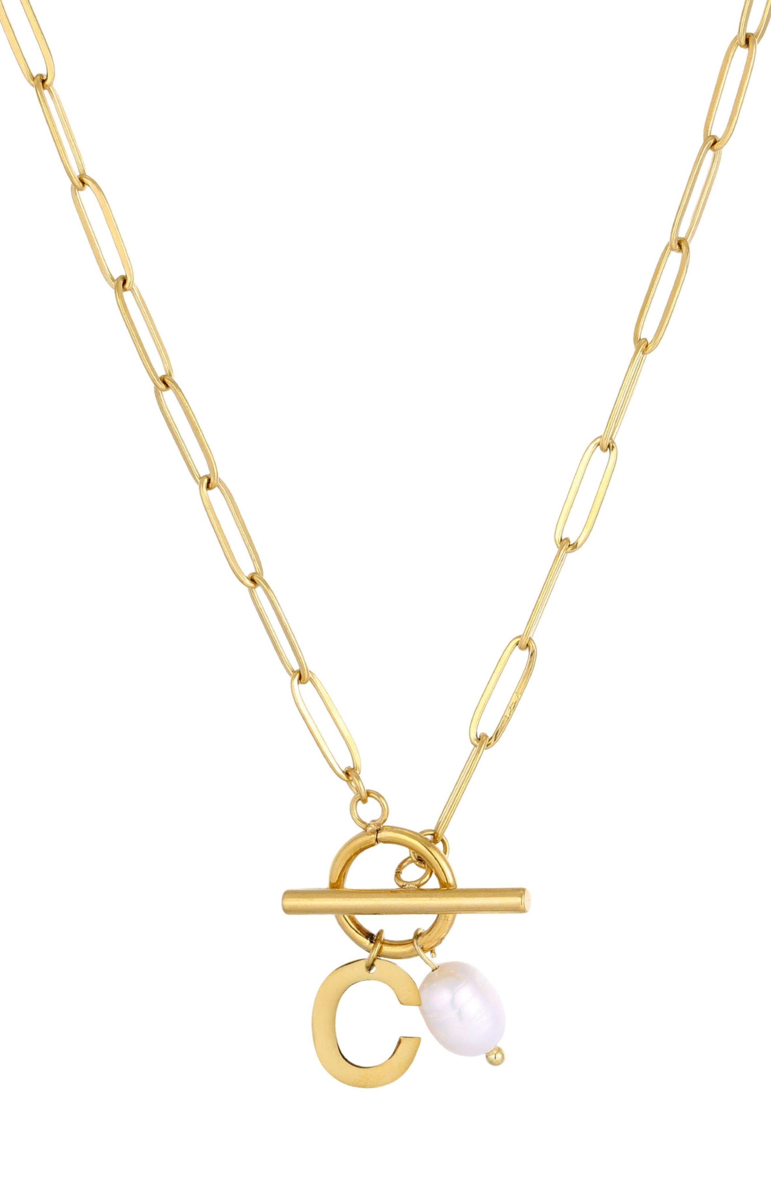 18K Gold Plated Pearl & Initial Toggle Pendant Necklace