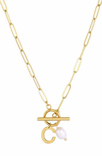 18K Gold Plated Pearl & Initial Toggle Pendant Necklace