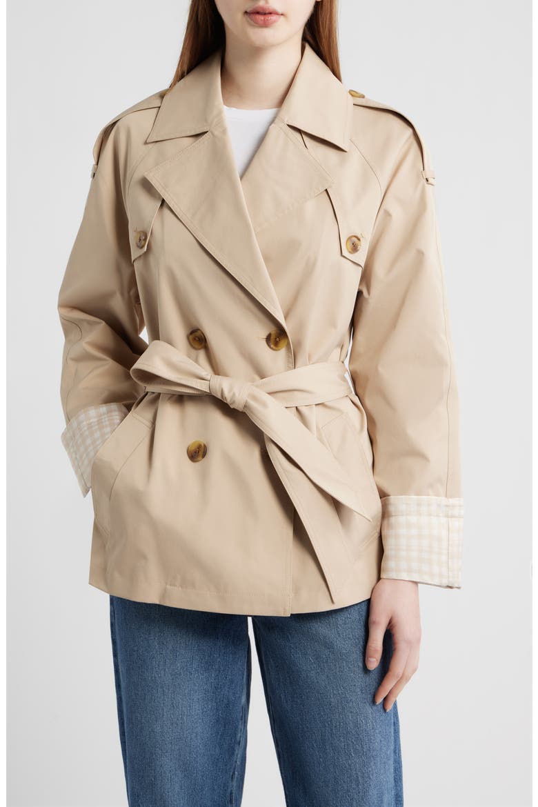 Water Resistant Gingham Cuff Double Breasted Trench Coat, Main, color, PUTTY