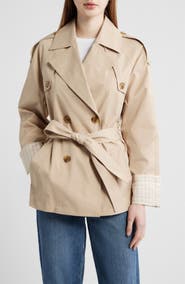 BCBG Water Resistant Gingham Cuff Double Breasted Trench Coat