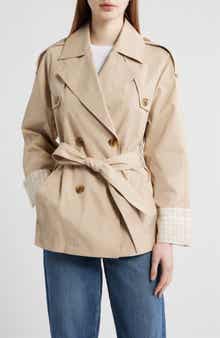Water Resistant Gingham Cuff Double Breasted Trench Coat