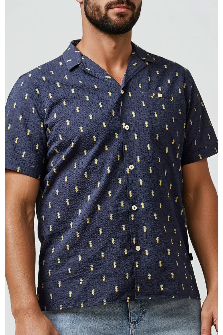 Seersucker Pineapple Print Resort SS Button-Up Shirt, Alternate, color, Dark Navy