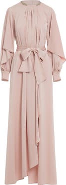 Gizia Front Pleated Detail Slit Sleeve Powder Long Dress