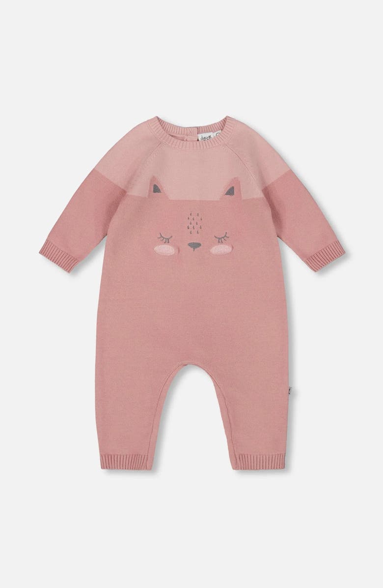 Deux par Deux Knitted Bi-Color Cat Romper, Main, color, Dusty Pink