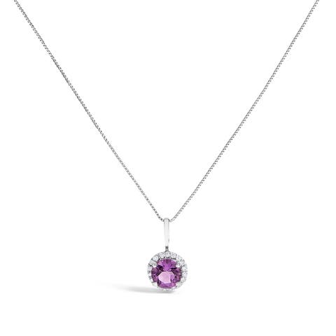 10K Gold Gemstone and 1/10 Cttw Diamond Accent Halo Pendant Necklace