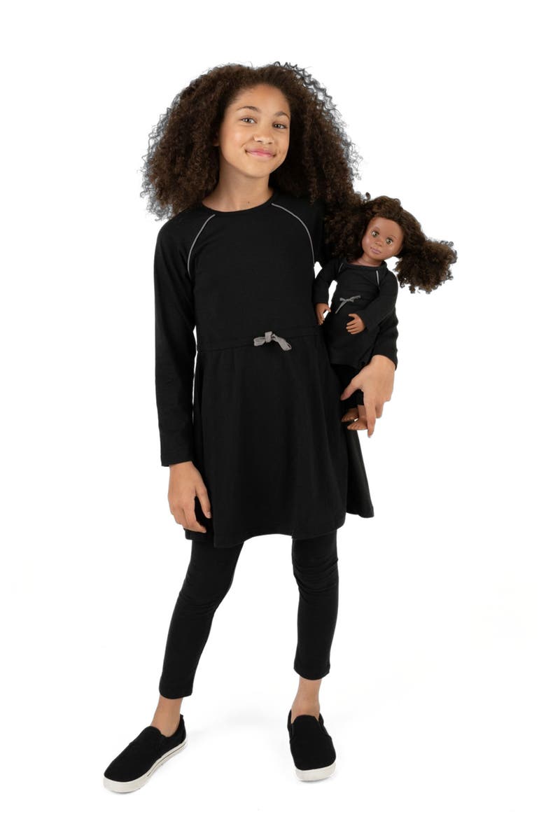 Girls Bow Tie Dress with Matching Doll Dress, Alternate, color, BLACK