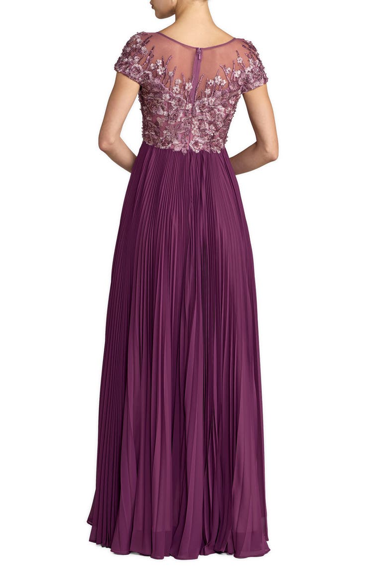 Embroidered Cap Sleeve Pleated Gown, Alternate, color, Plum