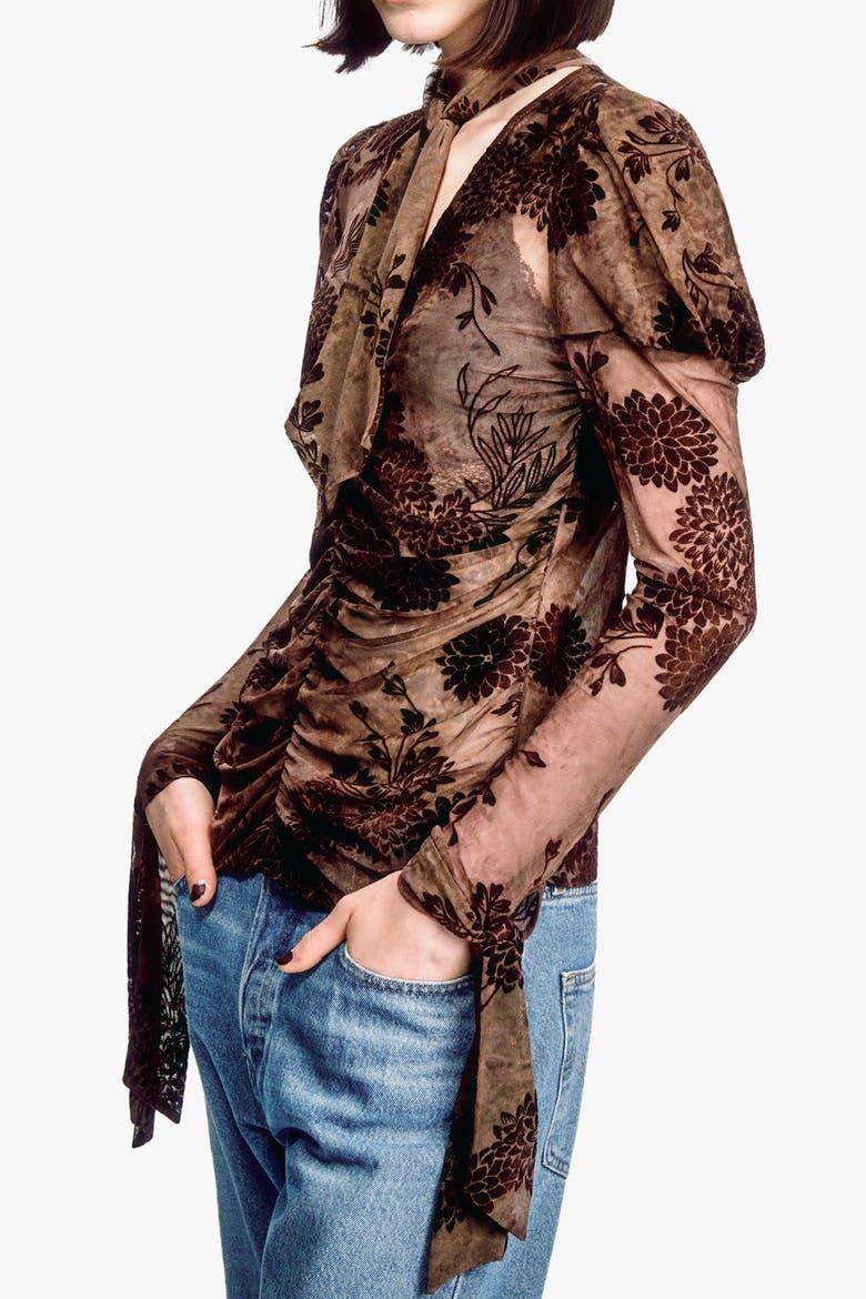 Dahlia Tulle Knit Long Sleeve Top, Alternate, color, CHOCOLATE