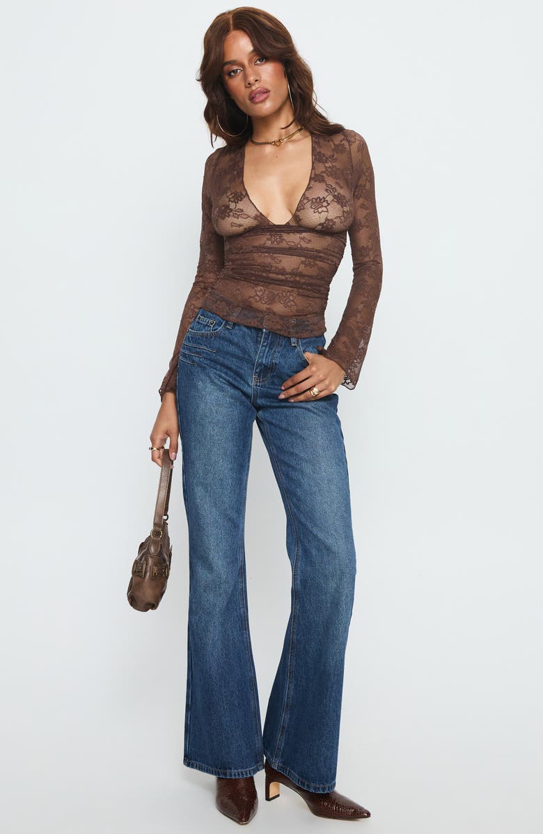 Princess Polly Nydia V-Neck Sheer Lace Top, Alternate, color, Chocolate