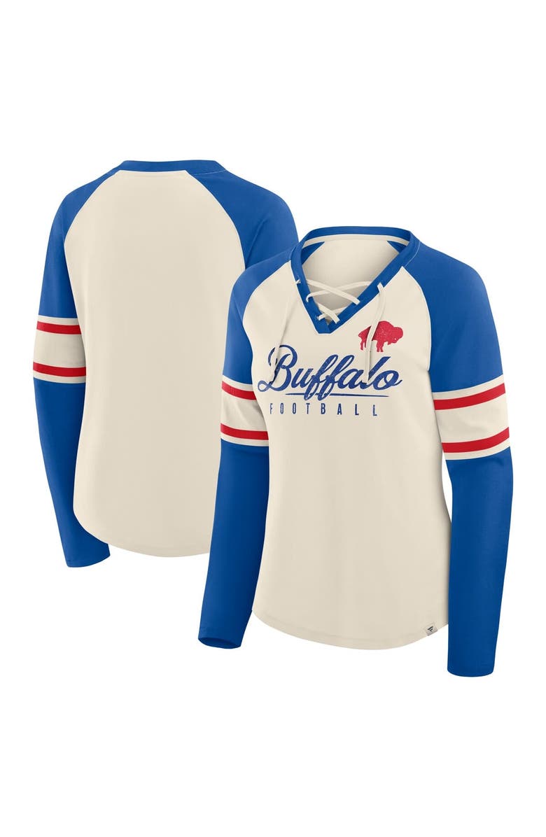 FANATICS Women's Fanatics Cream/Royal Buffalo Bills Hometown Gridiron Hero Raglan Lace-Up V-Neck Long Sleeve T-Shirt, Main, color, Cream