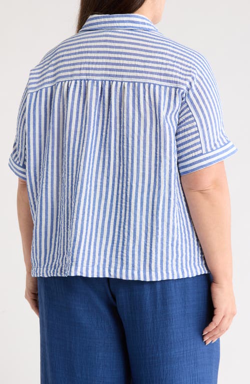Max Studio Stripe Short Sleeve Textured Button-up Shirt In Blue