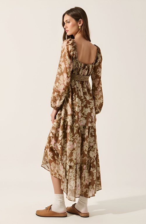 Modenaire Floral Woven Maxi Dress With Lace Trim, Bubble Sleeves And Button Front In Brown