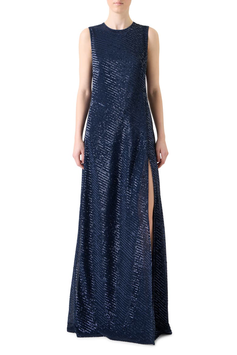 Bias Stripe Sequin Gown, Main, color, DENIM BLUE