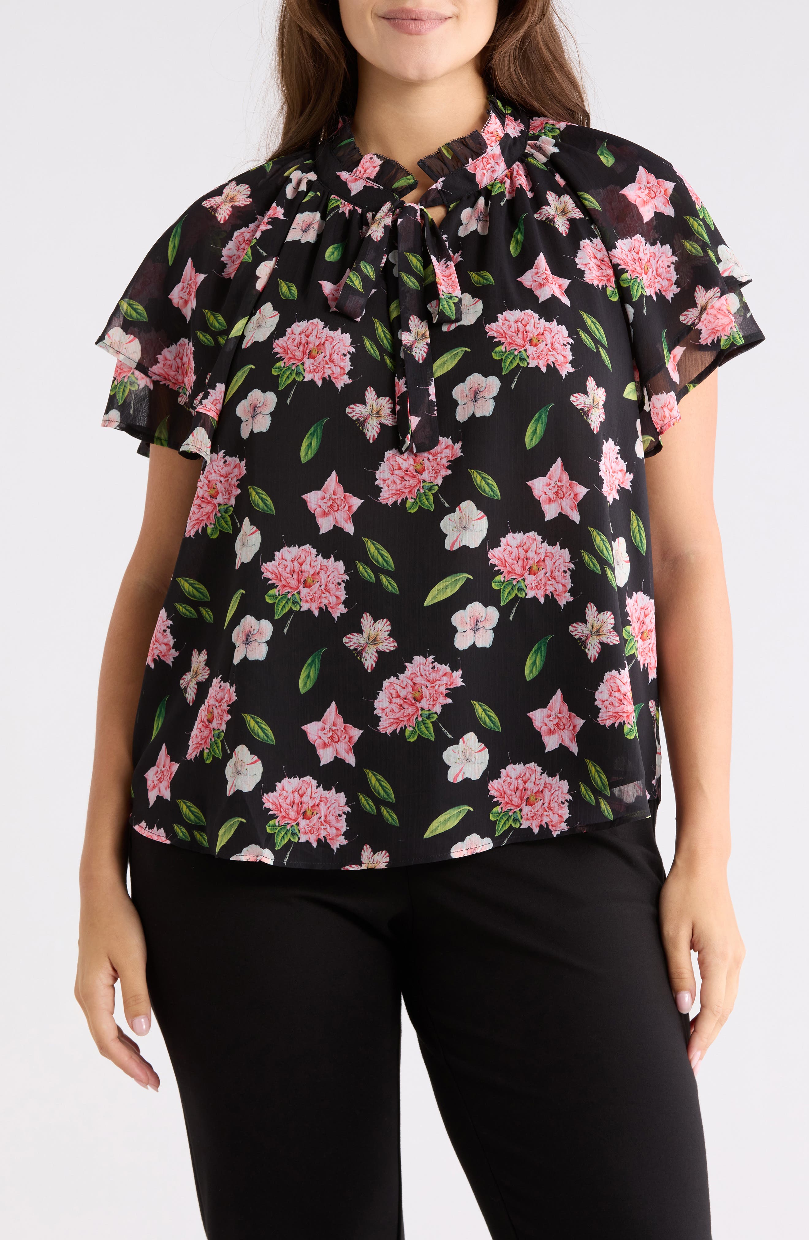 Catherine Malandrino Floral Flutter Sleeve Top