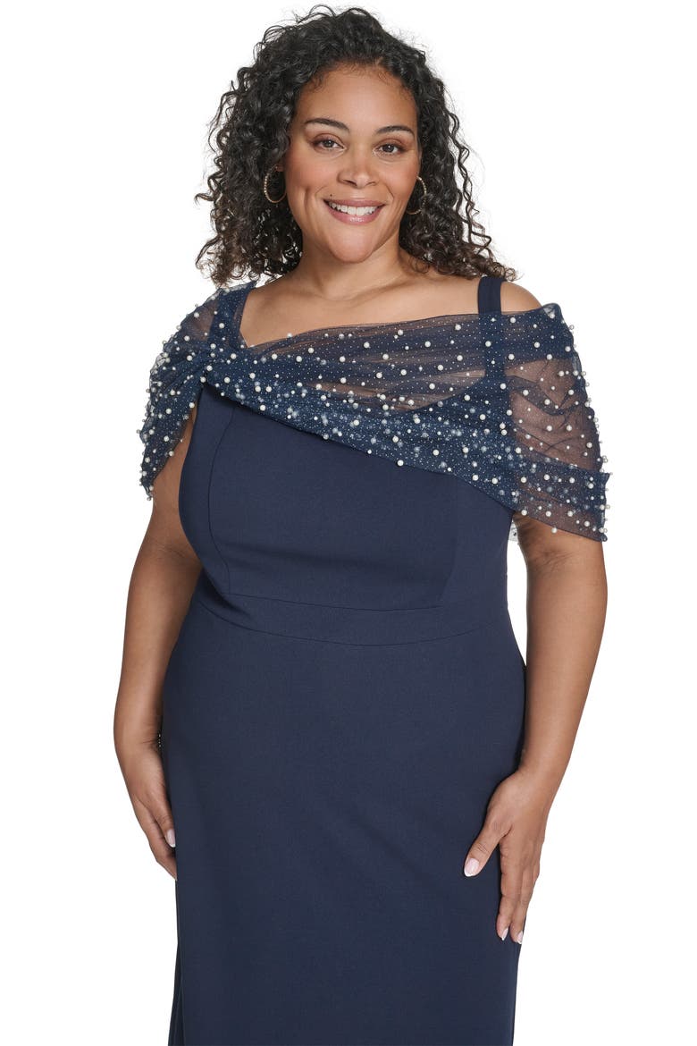Beaded Mesh Overlay Crepe Column Gown, Alternate, color, NAVY