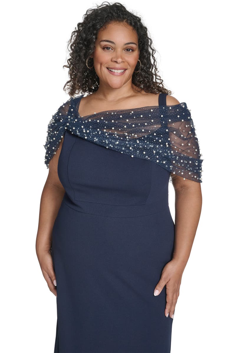 Eliza J Beaded Mesh Overlay Crepe Column Gown, Alternate, color, Navy