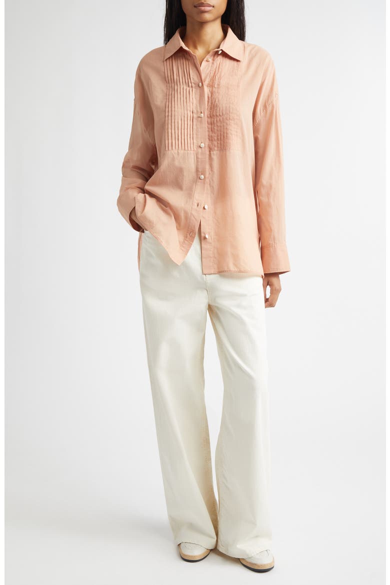 Journey Pleated Bib Oversize Button-Up Shirt, Alternate, color, DUSTY CORAL