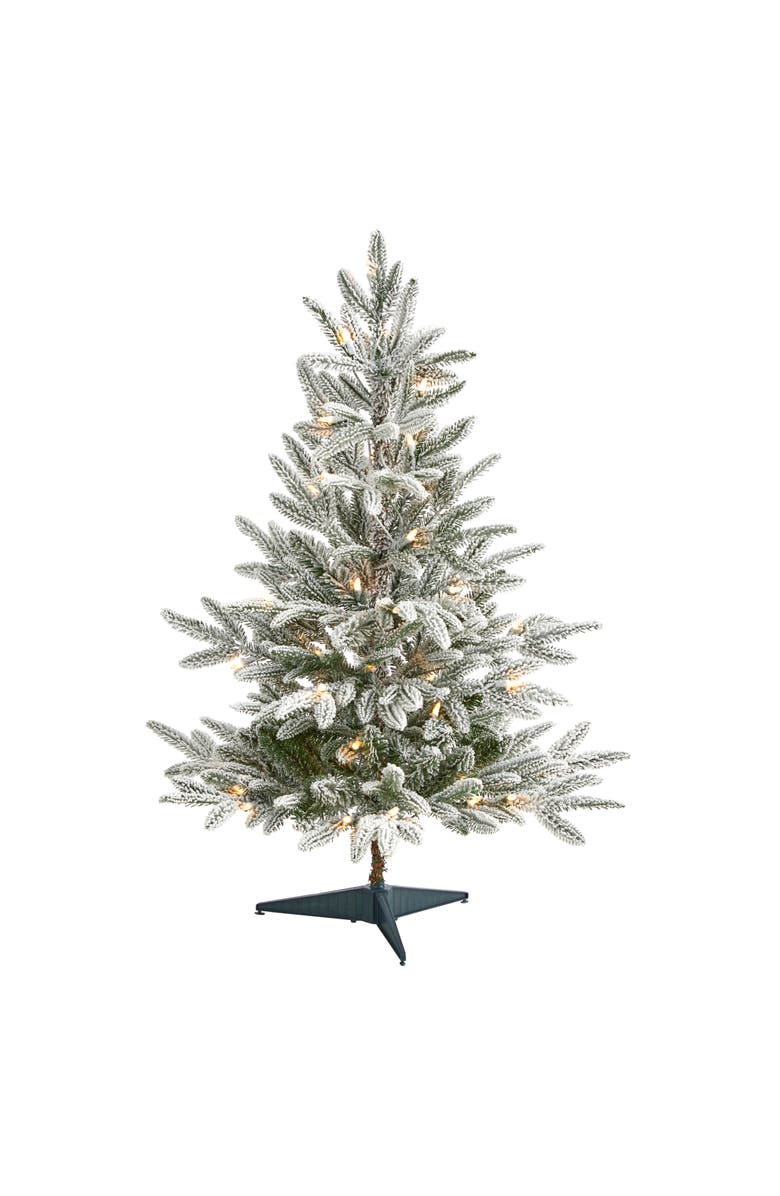 NEARLY NATURAL 3-ft Flocked Manchester Spruce Artificial Christmas Tree with 50 Lights and 133 Bendable Branches, Main, color, Green