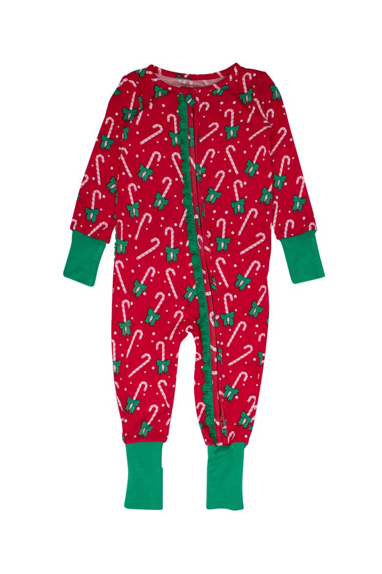 Girls SoftSnooze Holiday Convertible Ruffle One Piece Pajama, Main, color, Candy Cane Cutie