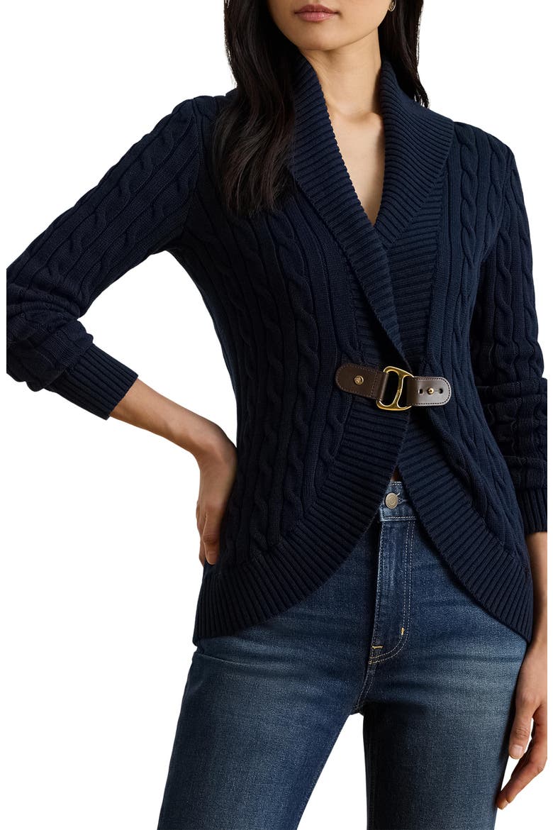 Buckle Cable Stitch Cotton Cardigan, Main, color, LAUREN NAVY