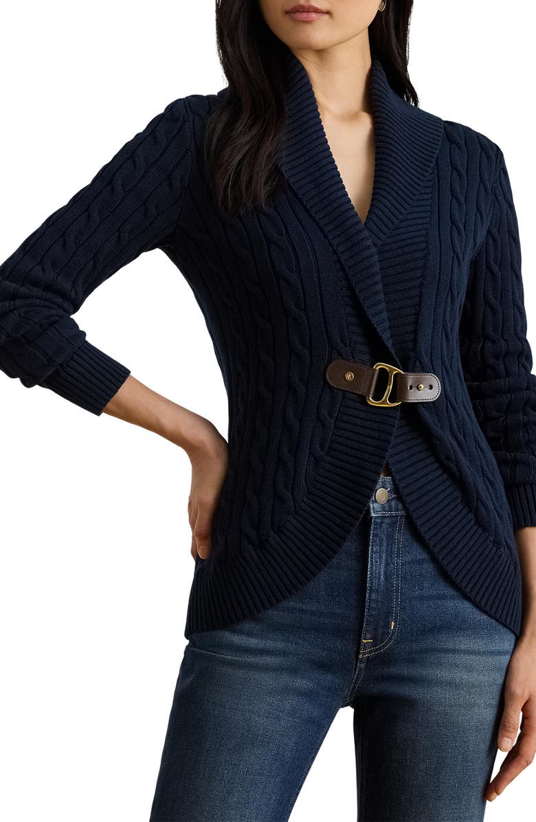 Lauren Ralph Lauren Buckle Cable Stitch Cotton Cardigan, Main, color, Lauren Navy