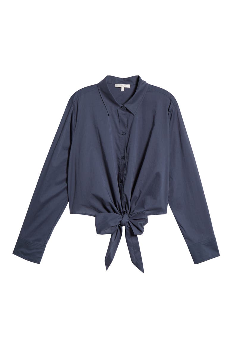 Amelie Tie Waist Cotton Button-Up Shirt, Main, color, STONE BLUE