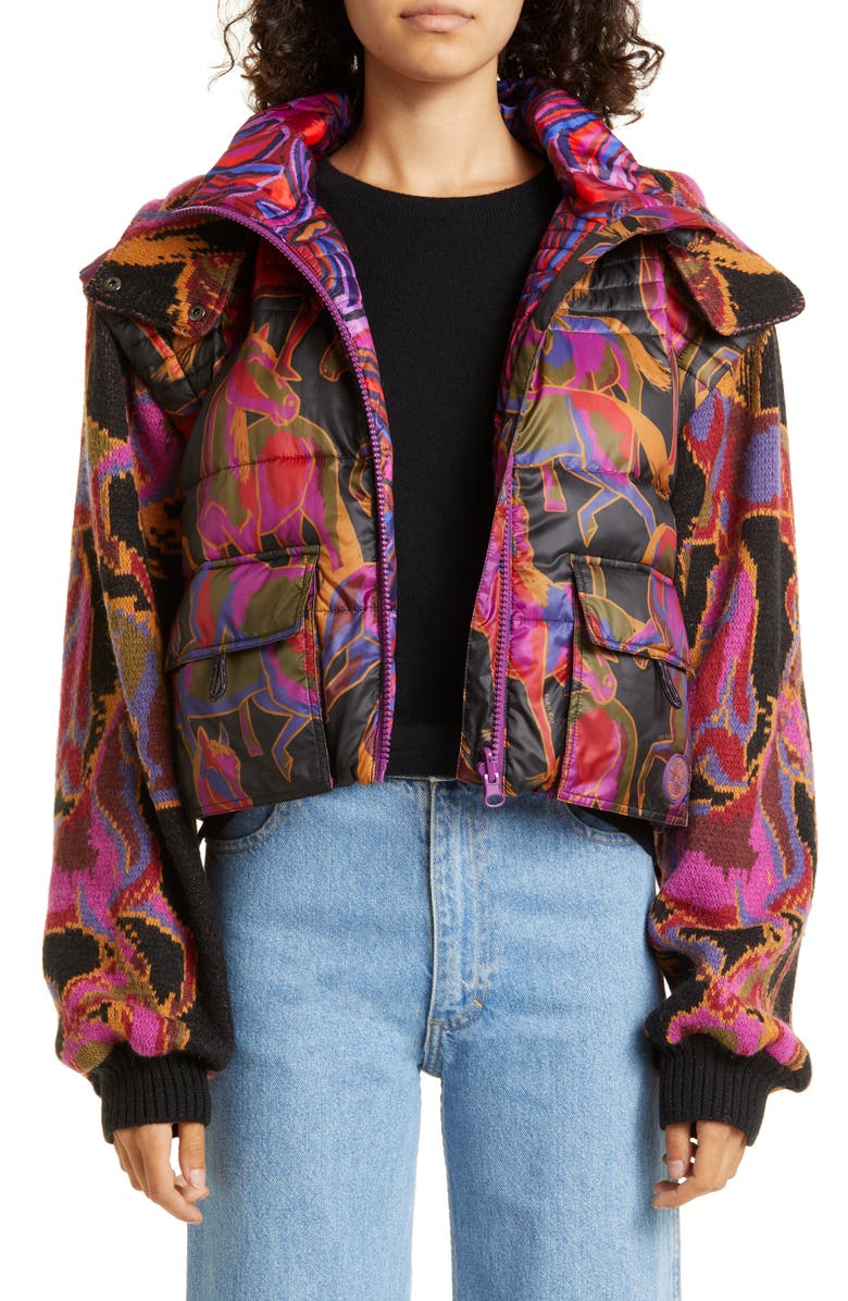 FARM Rio Wild Horses Reversible Mixed Media Jacket with Removable Hood & Sleeves, Main, color, 
