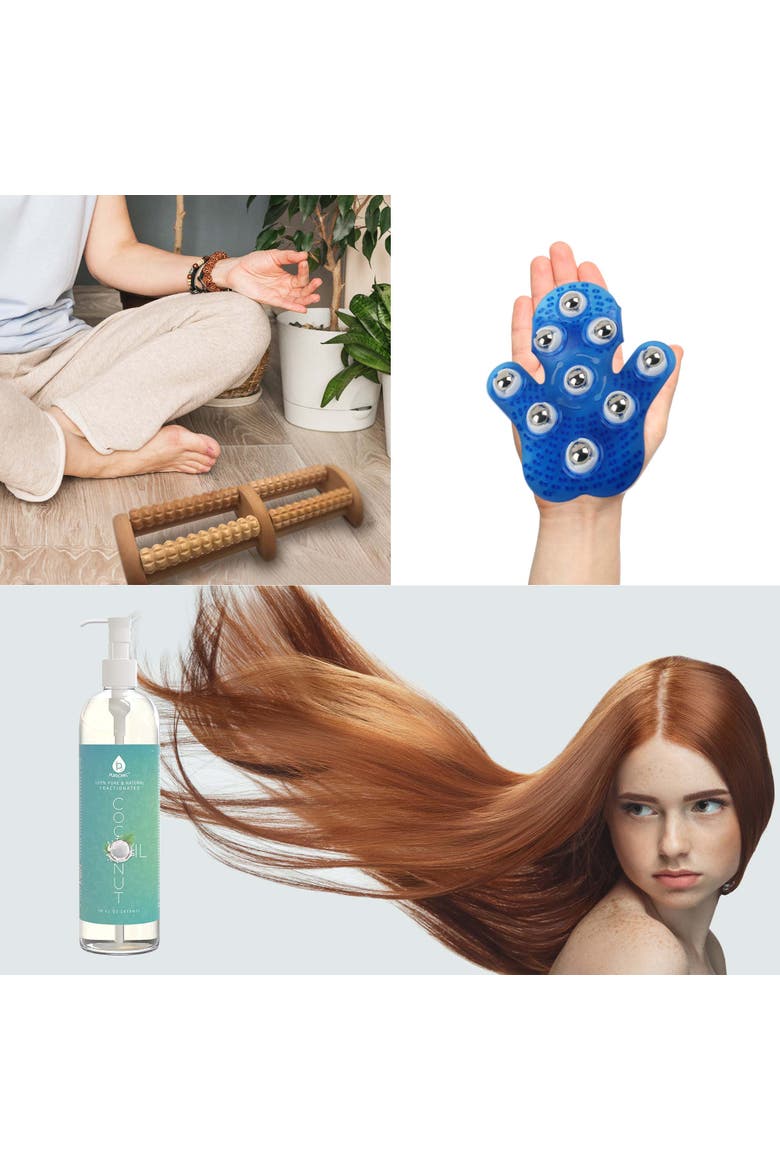 Palm Massage Glove, Wood Foot Massager, & Coconut Oil, Alternate, color, Multicolor