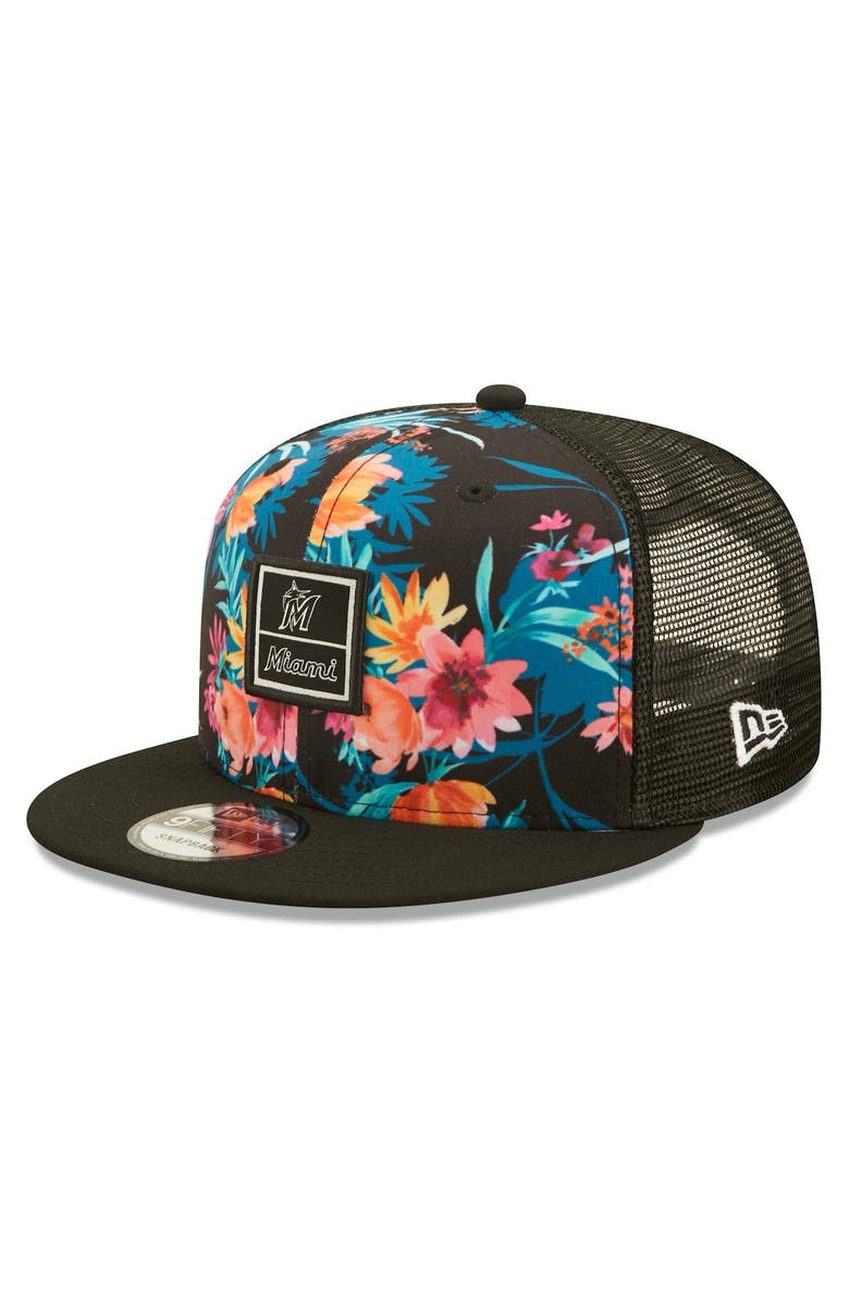New Era Men's New Era Black Miami Marlins Tropic Trucker 9FIFTY Snapback Hat, Main, color, 