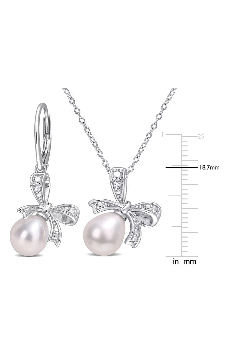 DELMAR Sterling Silver 7.5–9mm Cultured Freshwater Pearl & Moissanite Bow Drop Earrings & Necklace Set, Alternate, color, 